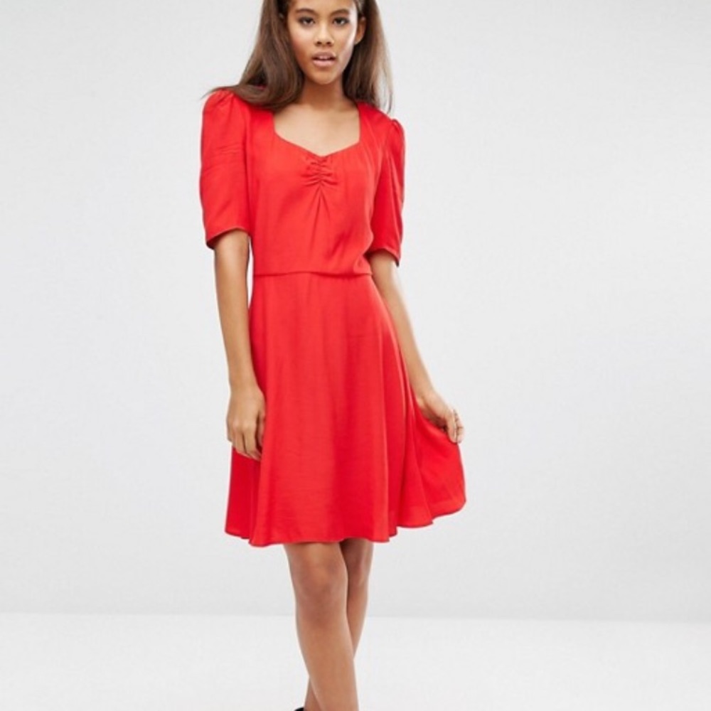 ASOS red dress with sweetheart neckline